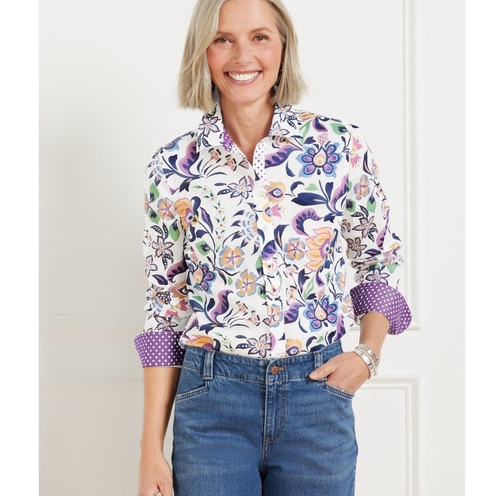 Talbots Modern Classic Shirt Small‎ Floral Cotton Button Purple Cottagecore